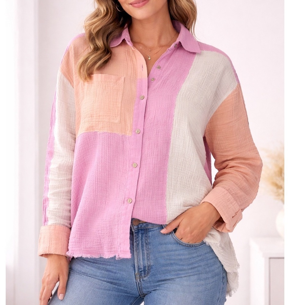 New In Colorblock Cotton Gauze Button Down Shirt Pink Peach Cream 1X e3‎